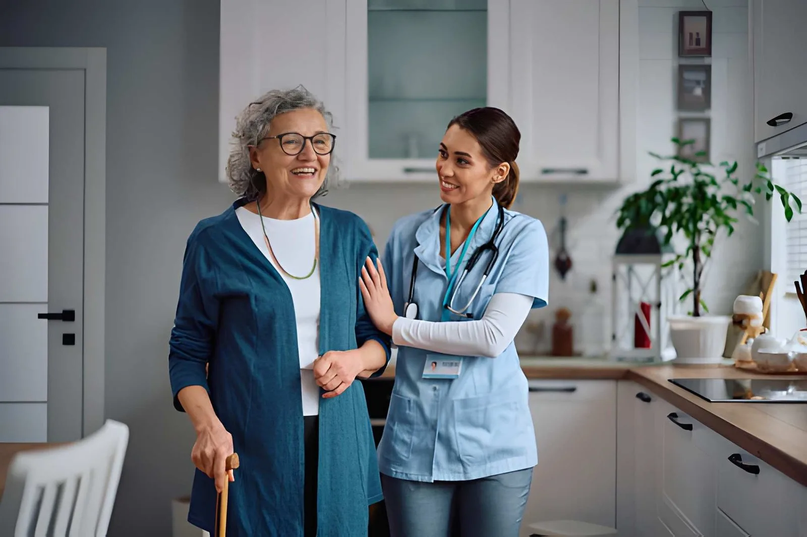 Caregiver walking alongside an older adult at home